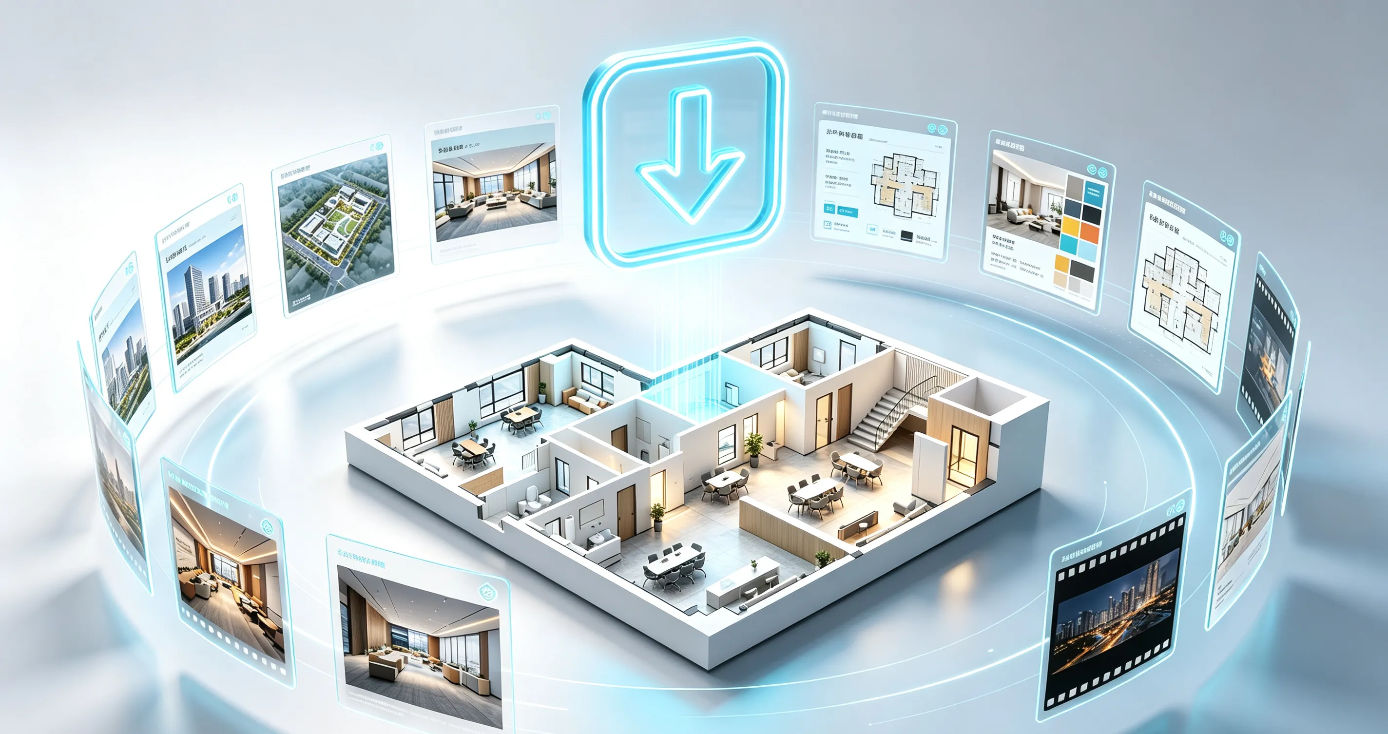 A generated 3D floor plan surrounded by downloadable presentation views